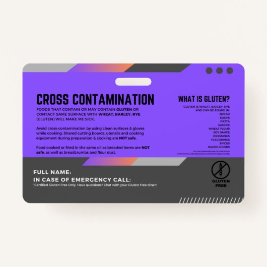 Glutenvrij dineren Restaurant Veiligheid Kaart Badge (Achterkant)