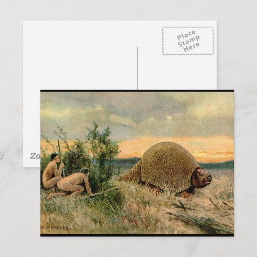 Glyptodon en grotten mannen die op  afbeelding jag briefkaart (Voorkant / Achterkant)