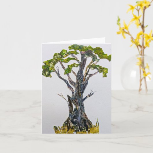 Gnarled Tree een waterverf collage Kaart (Gele Bloem)