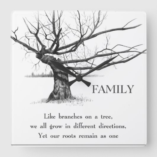 Gnarly Old Tree: Quote: FAMILY: Pencil Art Vierkante Klok (Voorkant)