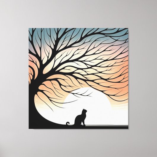 Gnarly Tree Black Cat silhouet in de rijzende zon Canvas Afdruk (Voorkant)
