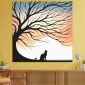 Gnarly Tree Black Cat silhouet in de rijzende zon Canvas Afdruk (Insitu (Woonkamer))