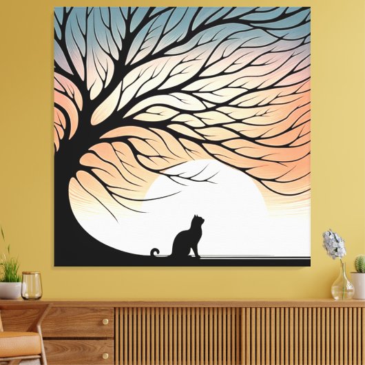 Gnarly Tree Black Cat silhouet in de rijzende zon Canvas Afdruk (Insitu (Woonkamer))