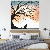 Gnarly Tree Black Cat silhouet in de rijzende zon Canvas Afdruk (Insitu (Slaapkamer))