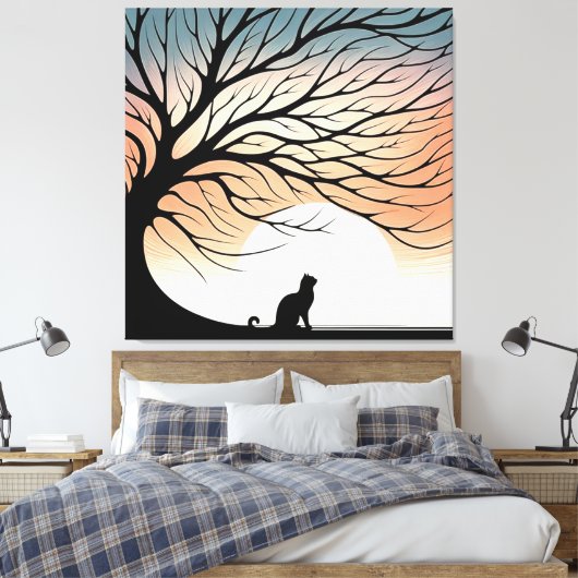 Gnarly Tree Black Cat silhouet in de rijzende zon Canvas Afdruk (Insitu (Slaapkamer))