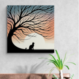 Gnarly Tree Black Cat silhouet in de rijzende zon Canvas Afdruk