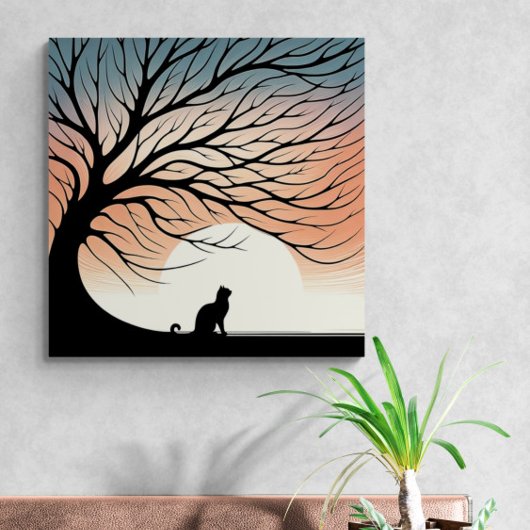 Gnarly Tree Black Cat silhouet in de rijzende zon Canvas Afdruk