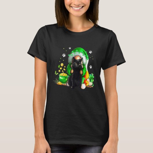 Gnome Black Cat Shamrock St Patricks Day Kitten Gi T-shirt (Voorkant)