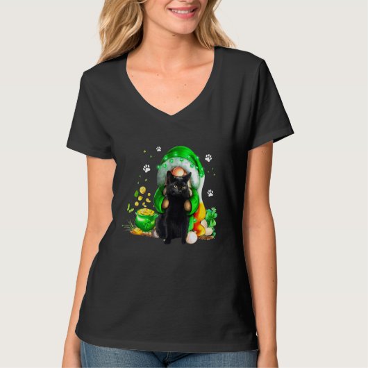 Gnome Black Cat Shamrock St Patricks Day Kitten Gi T-shirt (Voorkant)
