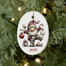 Gnome Ceramic Oval Christmas Ornament