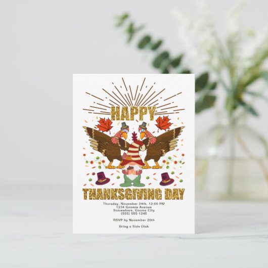 Gnome Dabbing Turkeys Thanksgiving Day Uitnodiging (Staand voorkant)