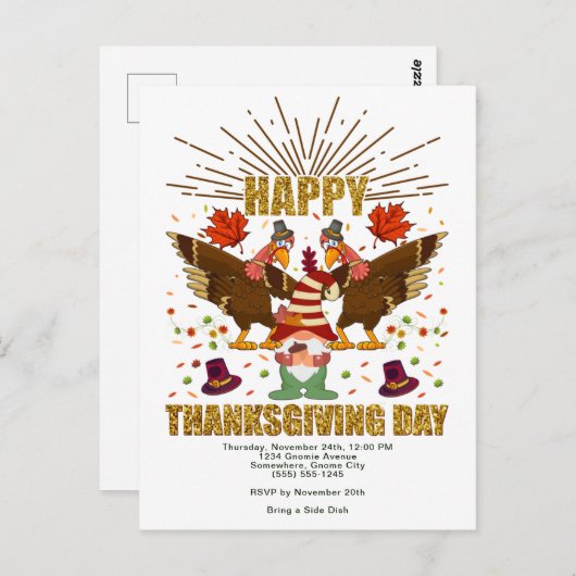 Gnome Dabbing Turkeys Thanksgiving Day Uitnodiging (Voorkant / Achterkant)