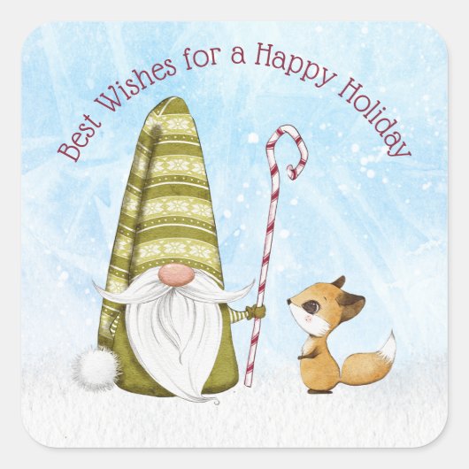 Gnome en Fox Best Wishes Happy Holiday Custom Vierkante Sticker (Voorkant)