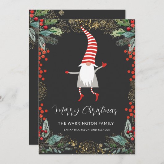 Gnome en Holly bessen Feestdagenkaart (Voorkant / Achterkant)