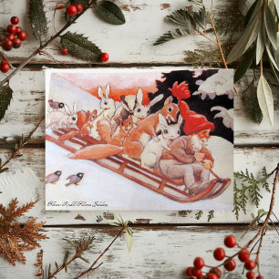 Gnome en Woodland Animals Sledding Feestdagen Kaart
