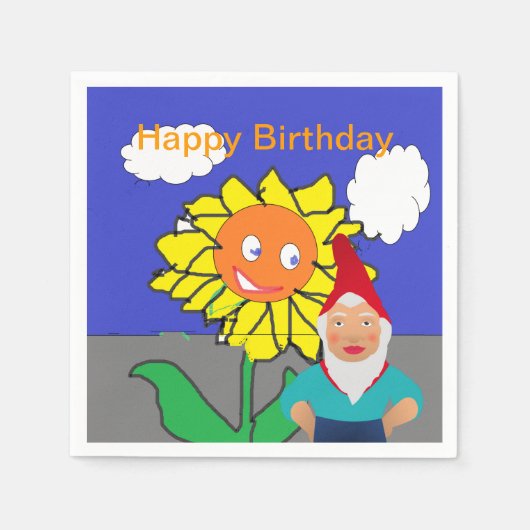 Gnome en Zonnebloem Verjaardagsfeest Papieren serv Servetten (Voorkant)
