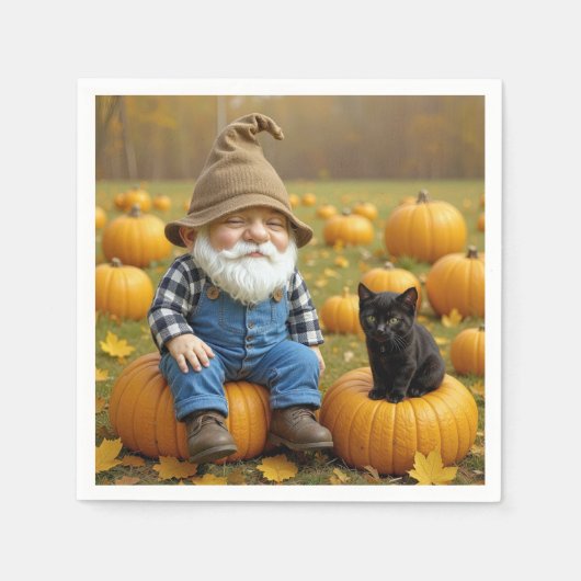 Gnome Farmer and Black Kitten On Pumpkins Servet (Voorkant)