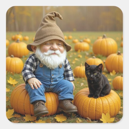 Gnome Farmer and Black Kitten On Pumpkins Vierkante Sticker (Voorkant)