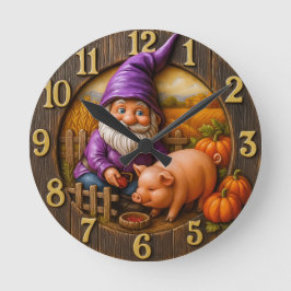 Gnome Feeding Pig in Autumn Farm Scene Clock Ronde Klok