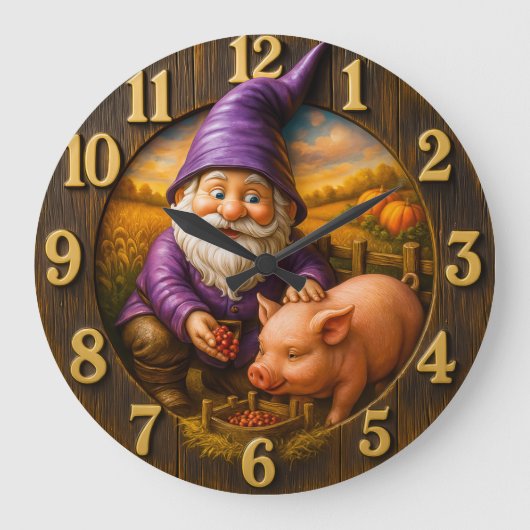 Gnome Feeding Pig in Autumn Farm Scene Grote Klok (Voorkant)