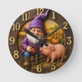 Gnome Feeding Pig in Autumn Farm Scene Ronde Klok