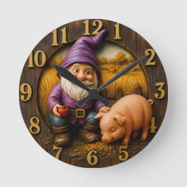 Gnome Feeding Pig in Autumn Farm Scene Ronde Klok