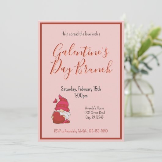 Gnome Galentines Day Brunch Uitnodiging (Staand voorkant)
