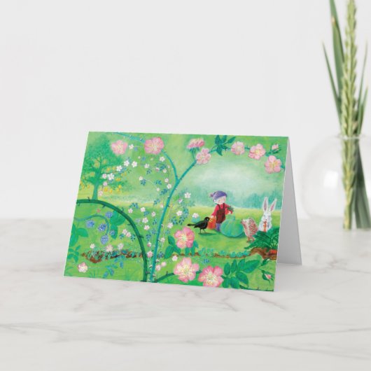 Gnome gardener, Blackbird, Hedgel & white Rabbit Feestdagen Kaart (Voorkant)