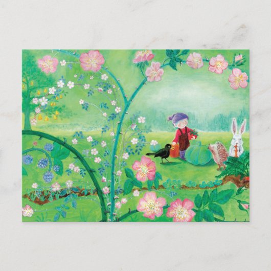 Gnome gardener, Blackbird, Hedgel & white Rabbit Feestdagenkaart (Voorkant)