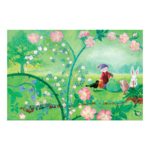 Gnome gardener, Blackbird, Hedgel & white Rabbit Foto Afdruk
