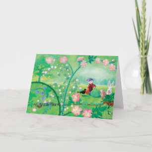 Gnome gardener, Blackbird, Hedgel & white Rabbit Kaart