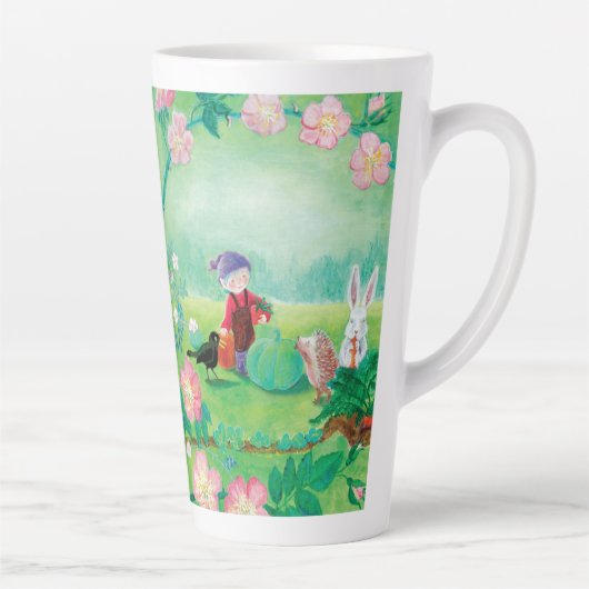 Gnome gardener, Blackbird, Hedgel & white Rabbit Latte Mok (Rechts)