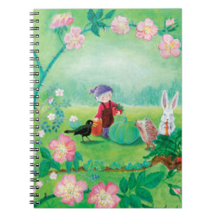 Gnome gardener, Blackbird, Hedgel & white Rabbit Notitieboek