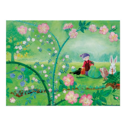 Gnome gardener, Blackbird, Hedgel & white Rabbit Perfect Poster (Voorkant)