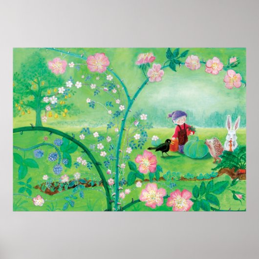Gnome gardener, Blackbird, Hedgel & white Rabbit Poster (Voorkant)
