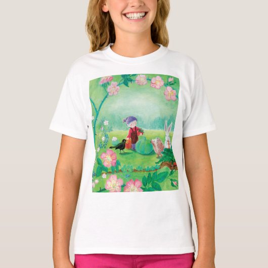 Gnome gardener, Blackbird, Hedgel & white Rabbit T-shirt (Voorkant)