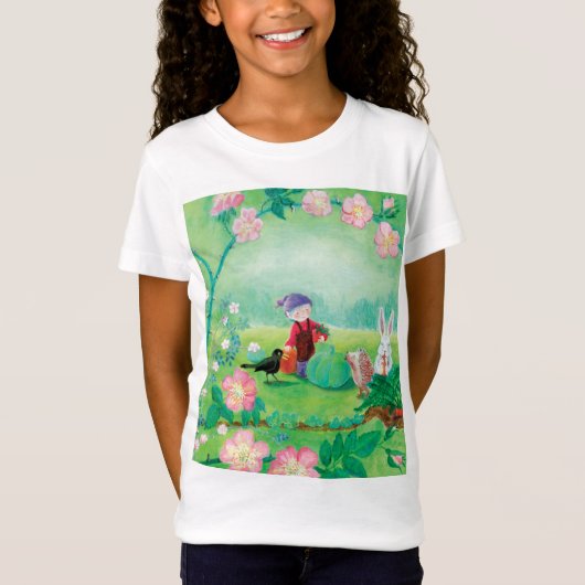 Gnome gardener, Blackbird, Hedgel & white Rabbit T-shirt (Voorkant)