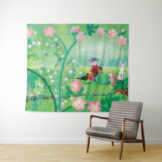 Gnome gardener, Blackbird, Hedgel & white Rabbit Wandkleed (In Situ (horizontaal))