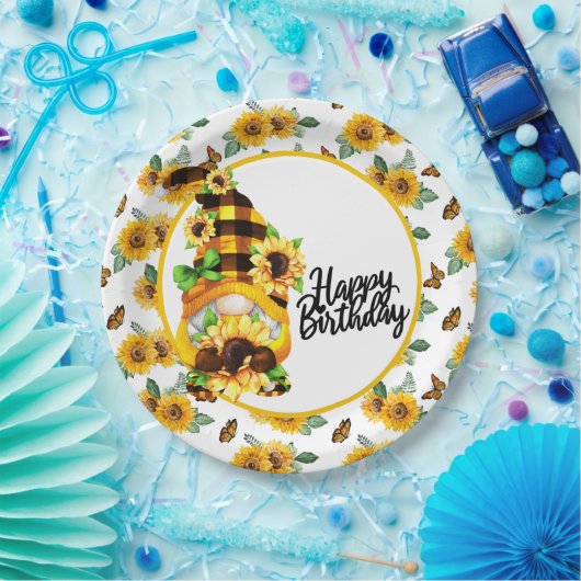 Gnome Gelukkige Verjaardag Zonnebloem Papieren Bordje (Feest)