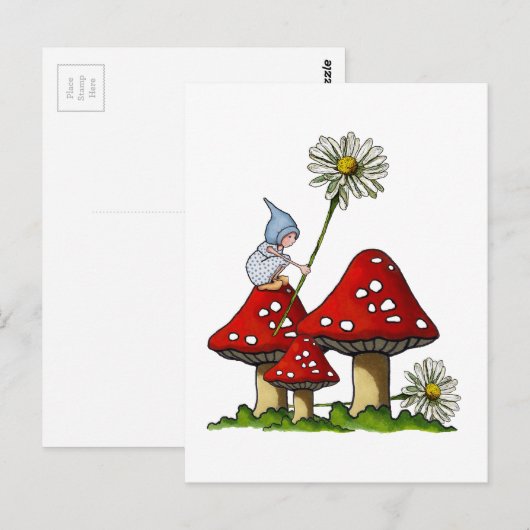 Gnome Girl, Toadstool, Daisies, Fanstasy Art Briefkaart (Voorkant / Achterkant)