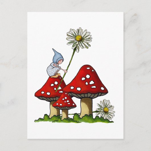 Gnome Girl, Toadstool, Daisies, Fanstasy Art Briefkaart (Voorkant)