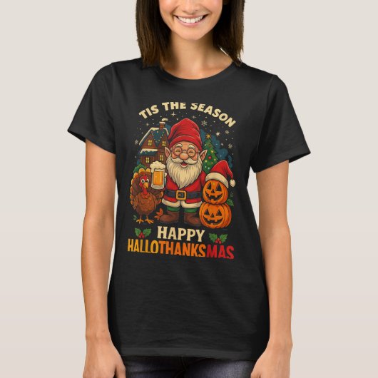 Gnome Happy Hallothanksmas Shirt Halloween Thanksg (Voorkant)