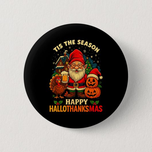 Gnome Happy Hallothanksmas Shirt Halloween Thanksg Ronde Button 5,7 Cm (Voorkant)