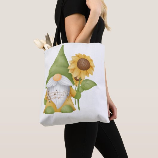Gnome Holding a Sunflower and Notes on a Tote Bag (Dichtbij)