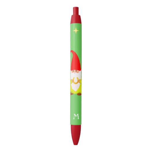 Gnome Holding een Lucky Hoefijzer & Monogram Black Zwarte Inkt Pen (Voorkant Verticaal)