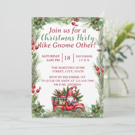 Gnome in een  rode truck kerstfeest kaart (Staand voorkant)