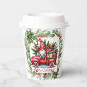 Gnome in rode vrachtwagen gevuld met geschenken papieren bekers (Achterkant)