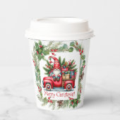 Gnome in rode vrachtwagen gevuld met geschenken papieren bekers (Voorkant)