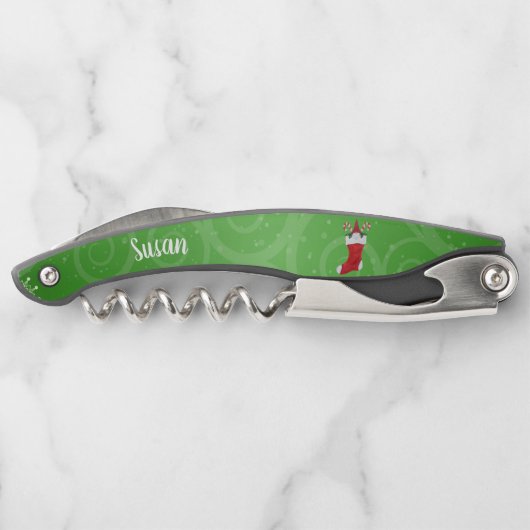 Gnome in Stocking Candy Canes Fancy groene werveli Kurkentrekker (Achterkant)