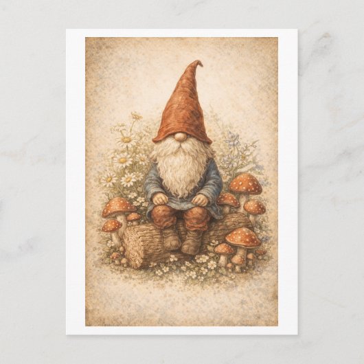 Gnome in vintage stijl op een boomstam briefkaart (Voorkant)
